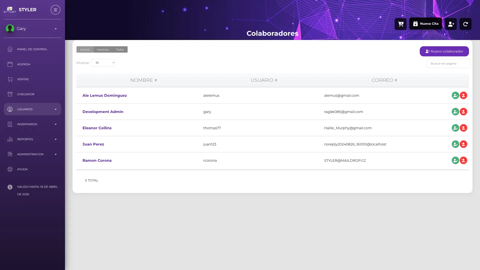 Lista de colaboradores en Styler