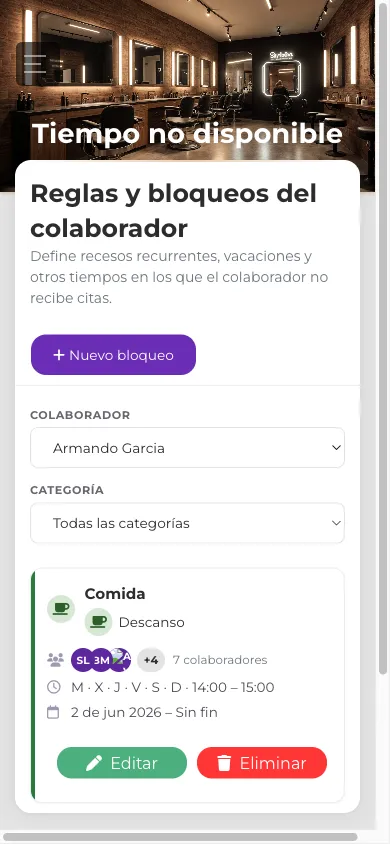 Vista móvil de la lista de bloqueos en tarjetas