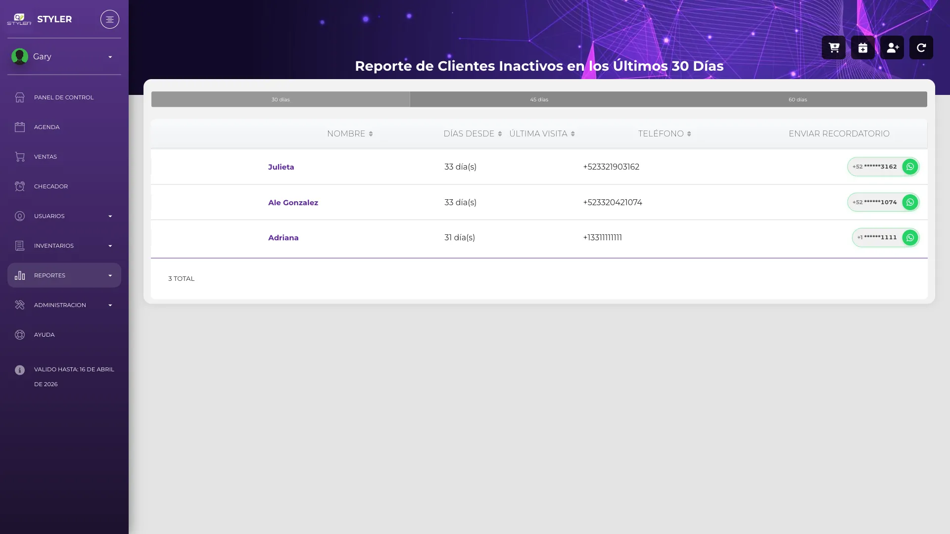 Reporte de clientes inactivos
