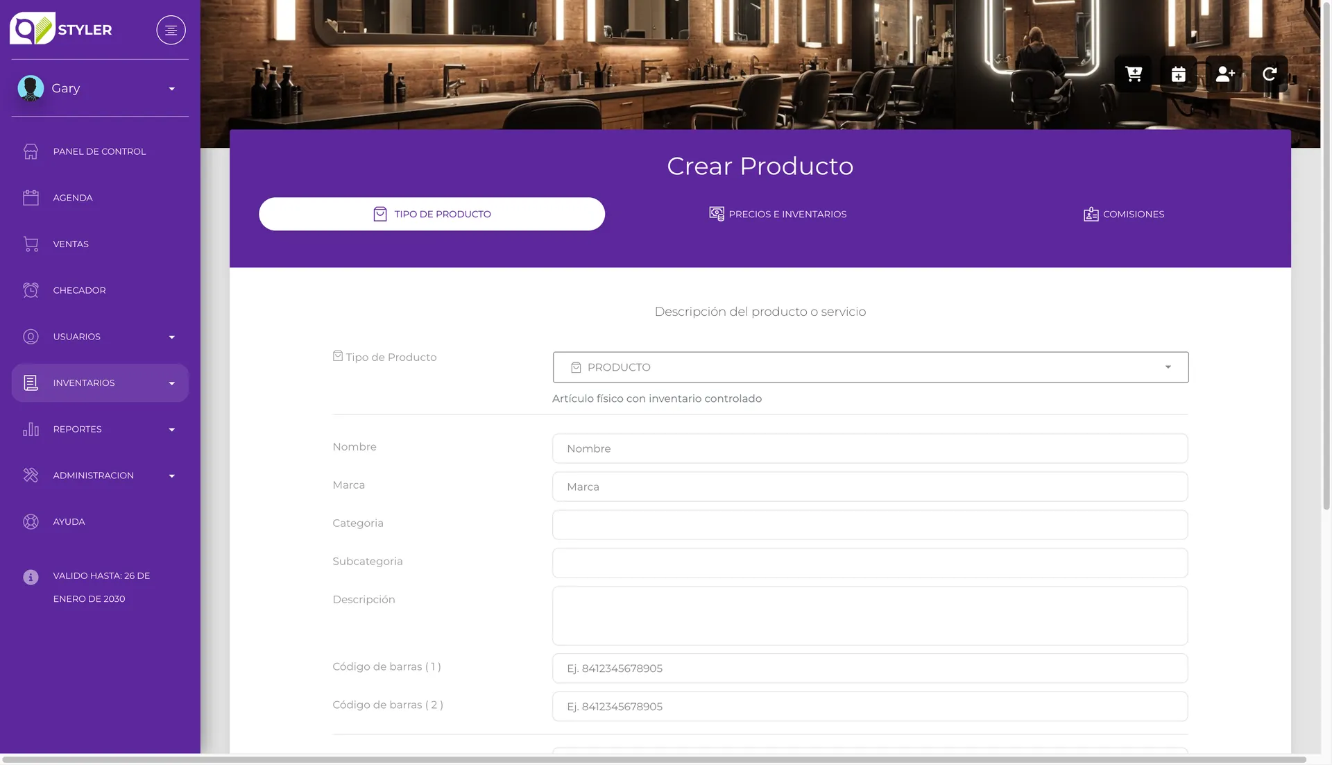 Formulario de creación con campos para nombre, marca, categoría y descripción