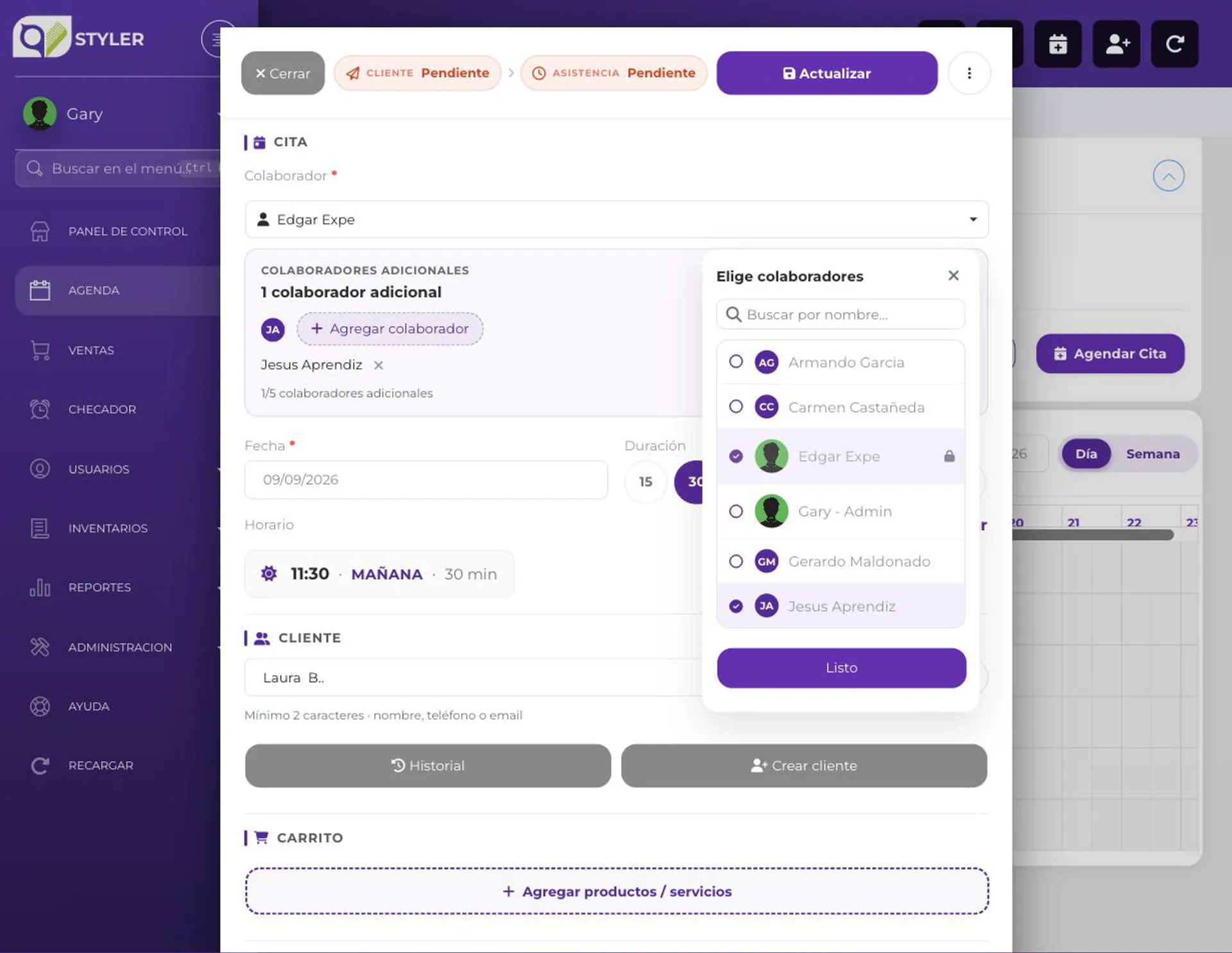 Ventana para elegir colaboradores adicionales, con el colaborador principal bloqueado y otro seleccionado
