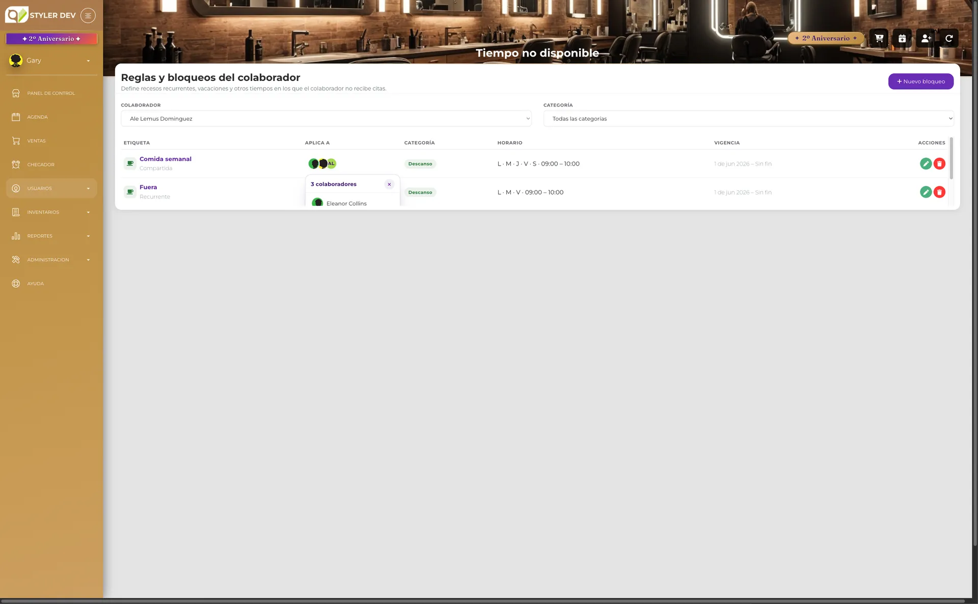 Lista con avatar stack mostrando varios colaboradores por regla