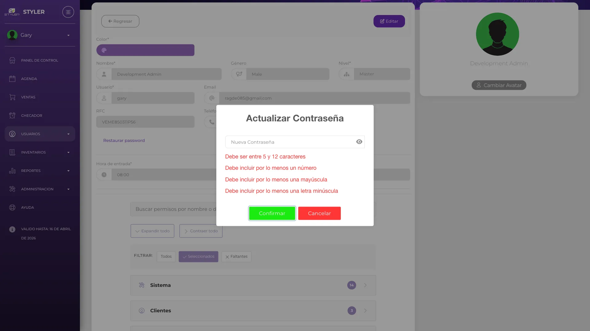 Formulario de cambio de contraseña