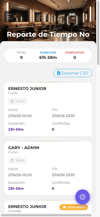 Vista móvil del Reporte de Tiempo No Disponible