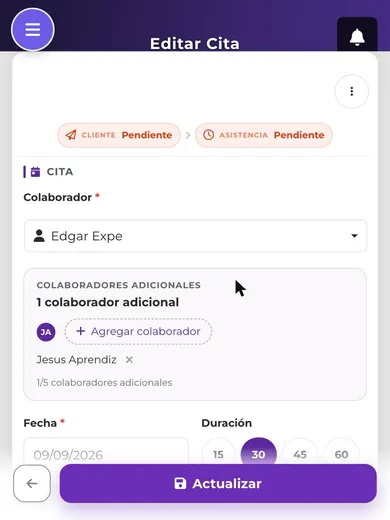 Vista móvil de edición de cita con colaboradores adicionales