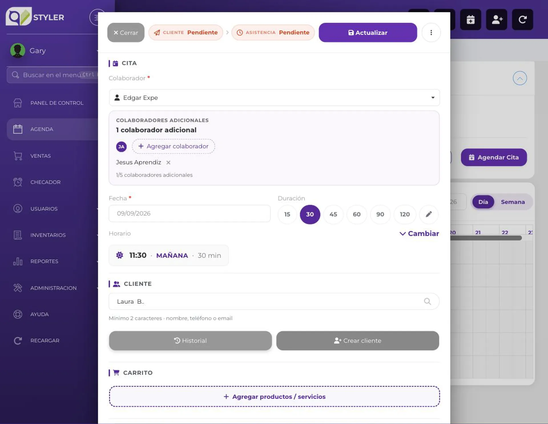 Ventana de edición de una cita mostrando el colaborador principal y un colaborador adicional