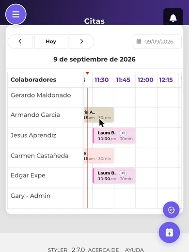 Vista móvil de la agenda mostrando el chip +1 en dos filas de colaboradores