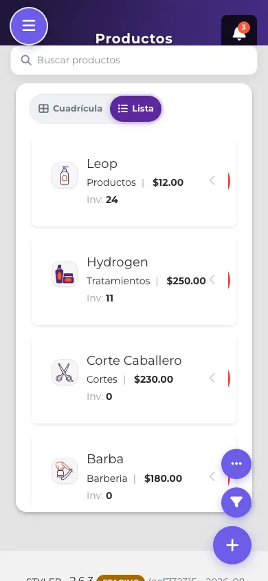 Catálogo de productos en vista móvil, con tarjetas y botones flotantes