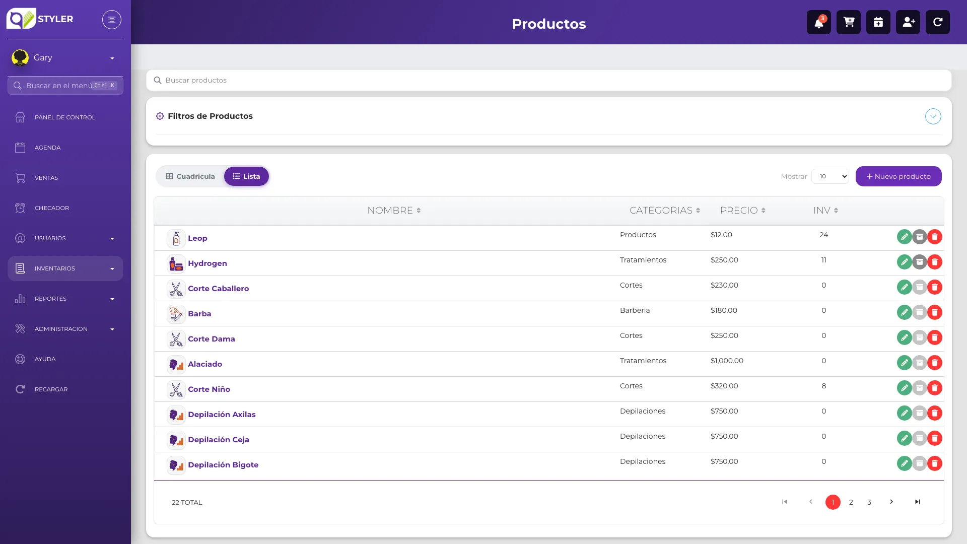 Catálogo de productos con el buscador fijo, el panel de filtros y la lista con nombre, categoría, precio e inventario