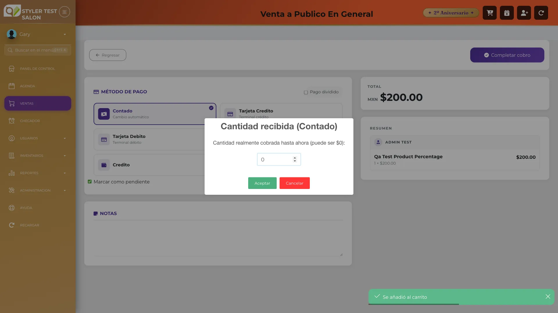 Casilla Marcar como pendiente y cantidad recibida