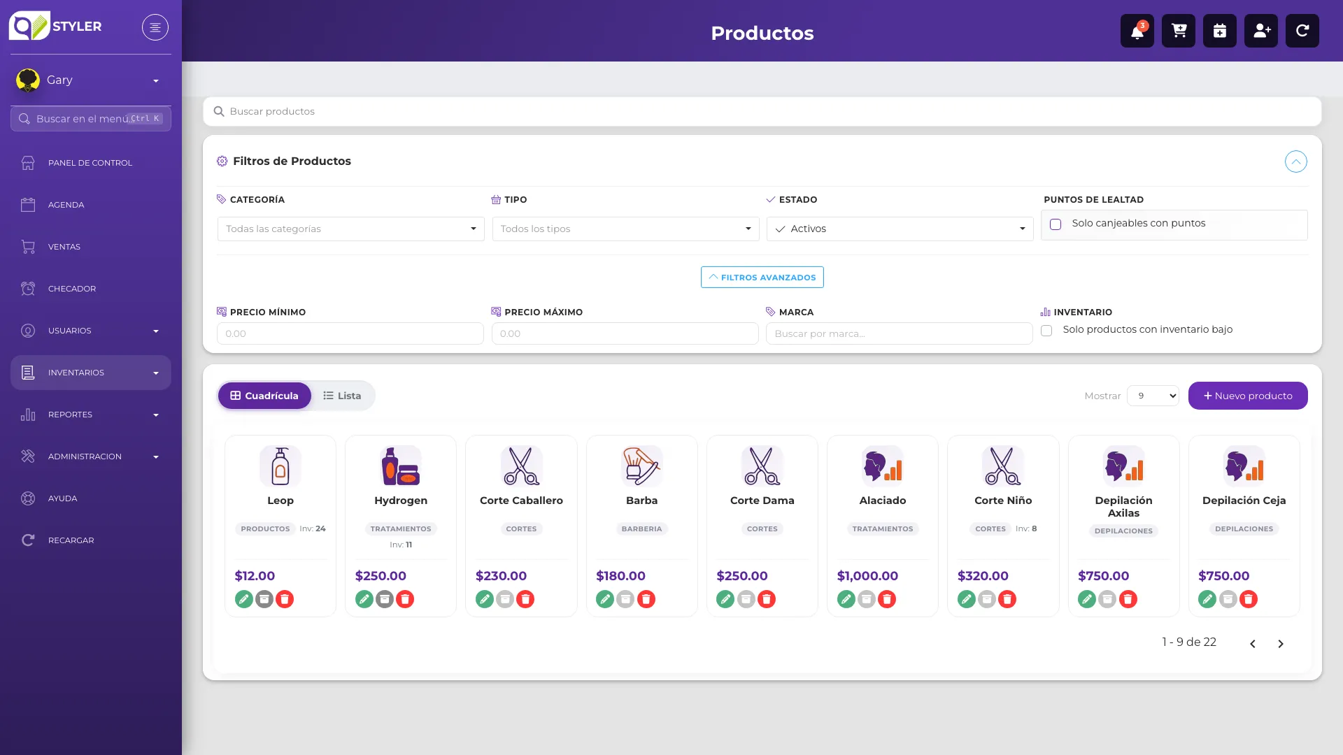 Catálogo en vista de cuadrícula, con cada producto como tarjeta mostrando ícono, categoría, inventario y precio