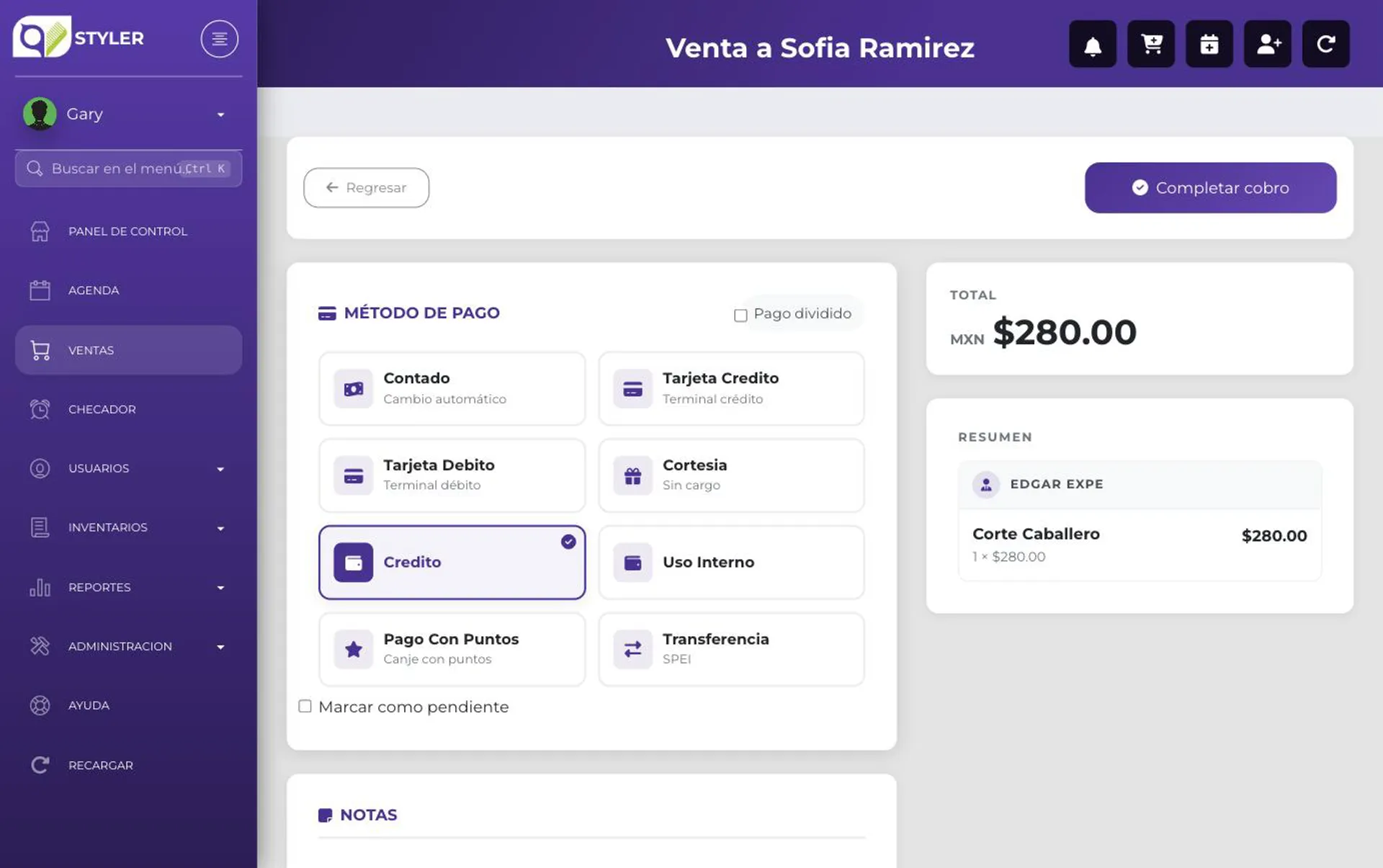Método de pago Credito seleccionado en la pantalla de cobro