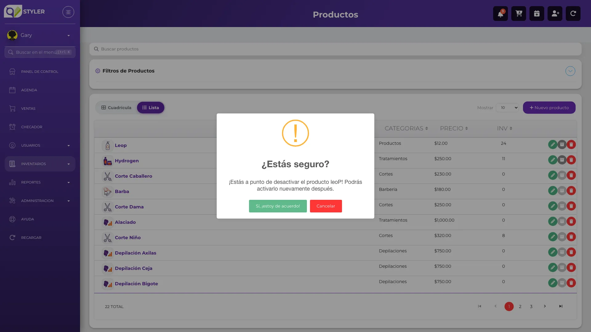 Diálogo de confirmación preguntando ¿Estás seguro? antes de desactivar un producto