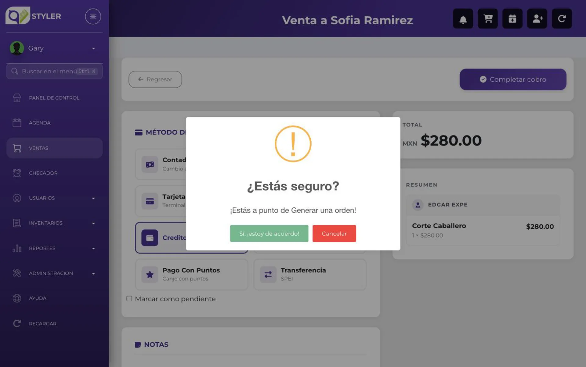 Cuadro de confirmación antes de generar la orden a crédito