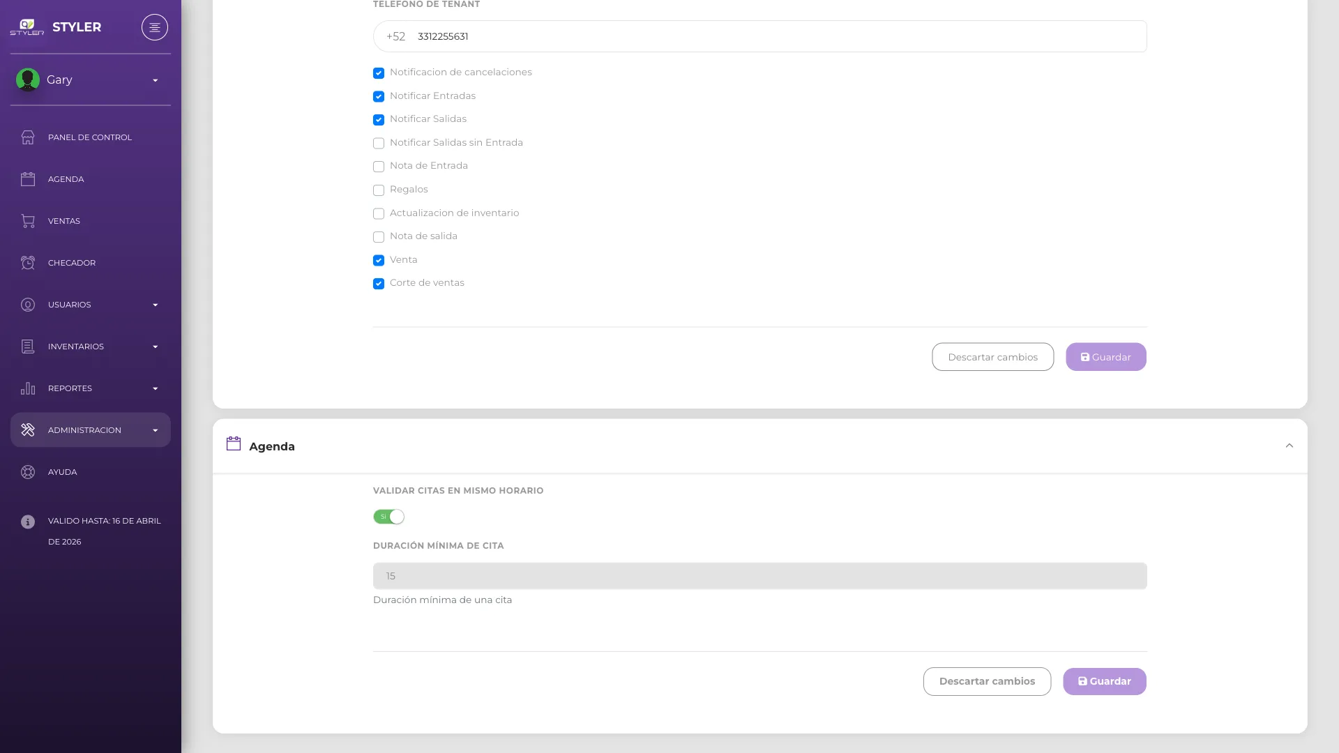 Configuración de agenda