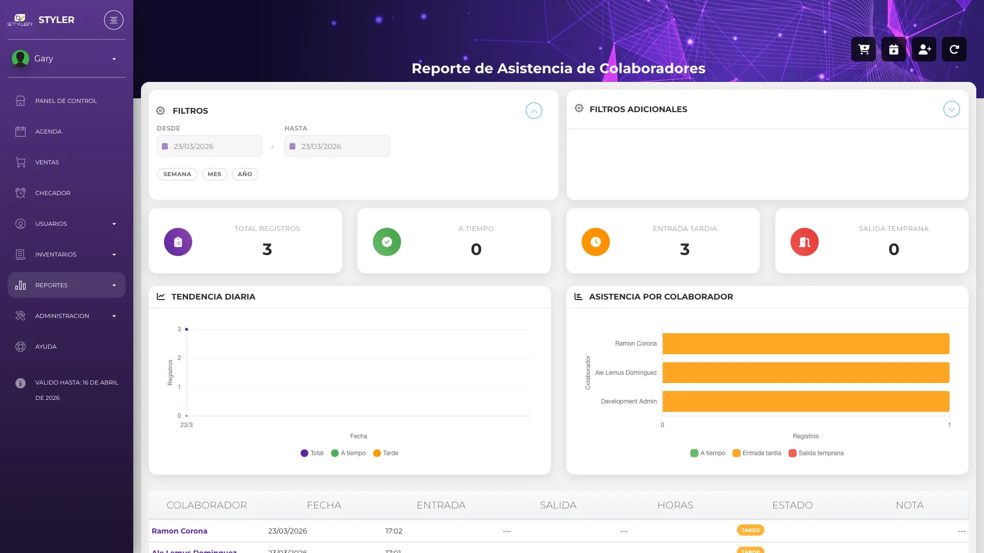 Reporte de asistencia de colaboradores