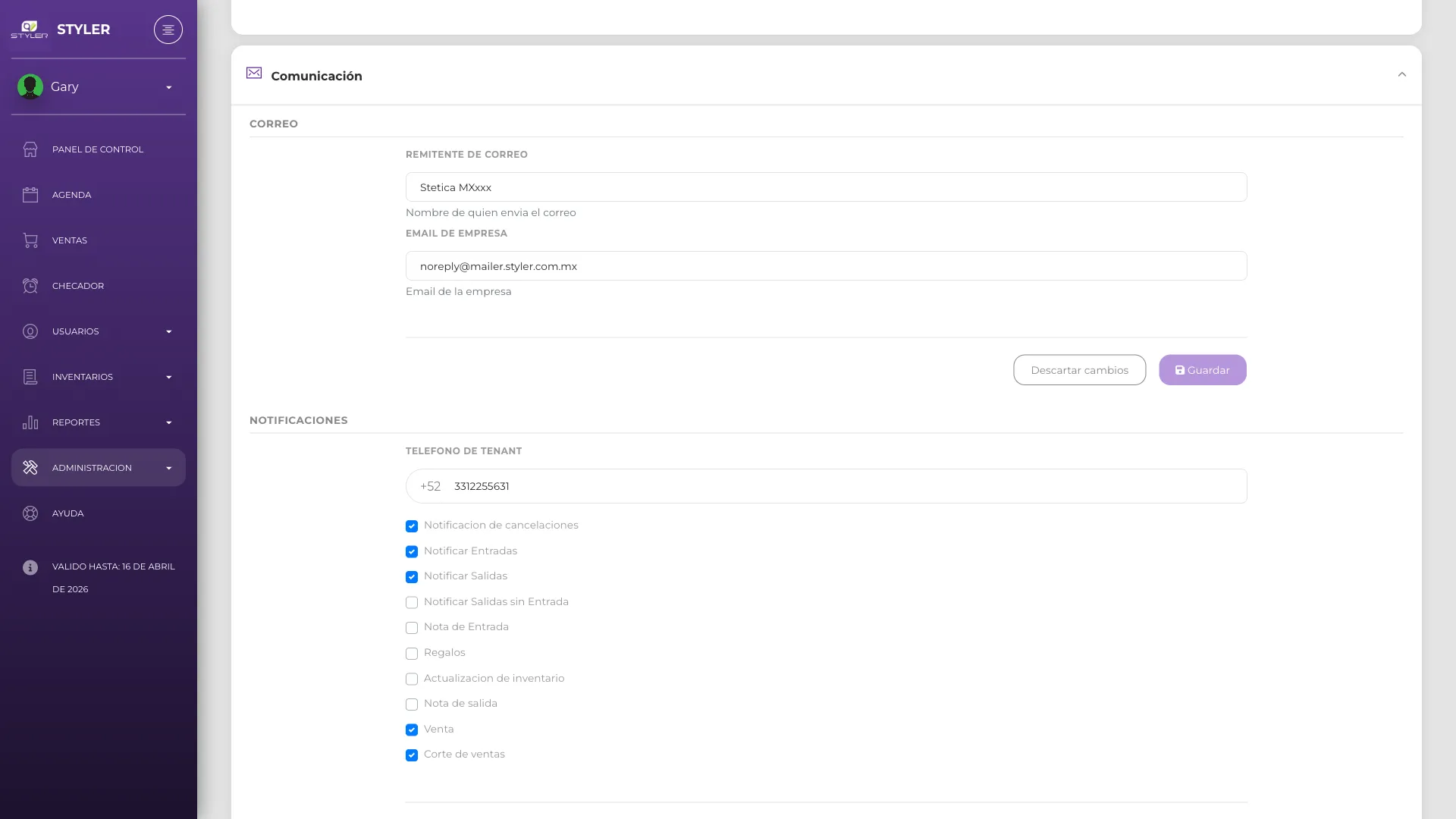 Configuración de comunicación