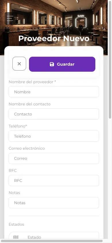 Formulario de nuevo proveedor en móvil