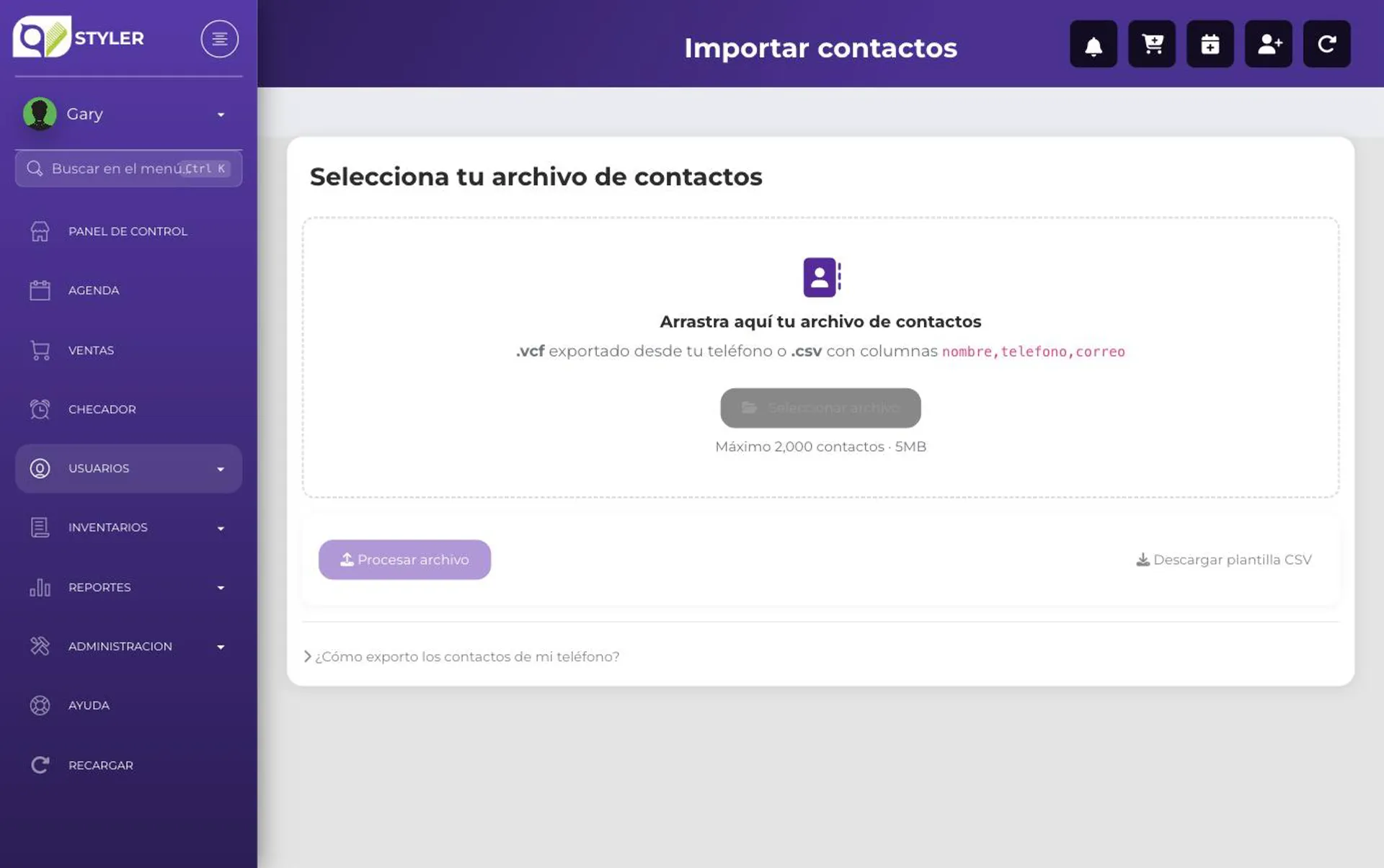 Pantalla para seleccionar el archivo de contactos a importar