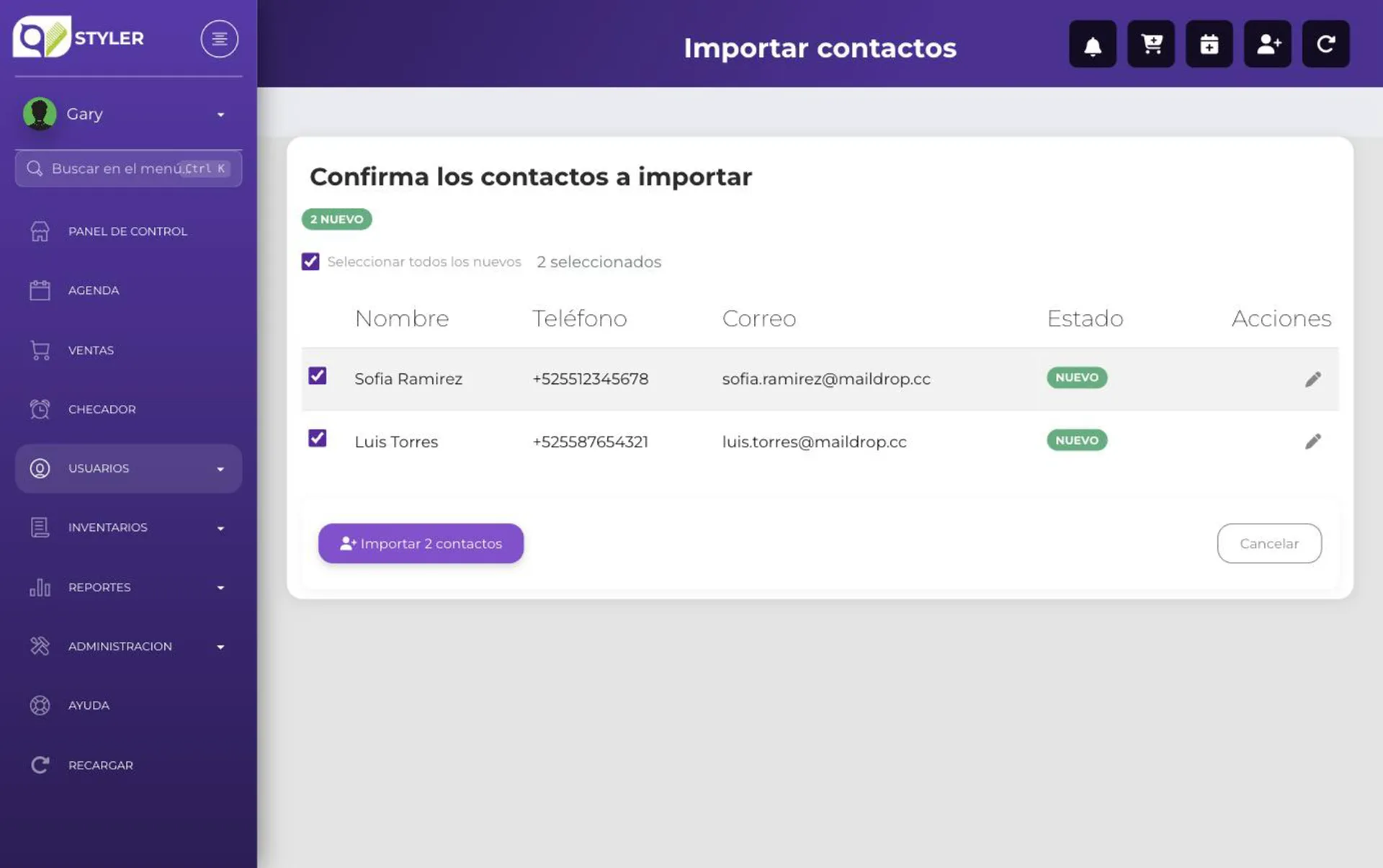 Tabla de confirmación mostrando los contactos nuevos y su estado