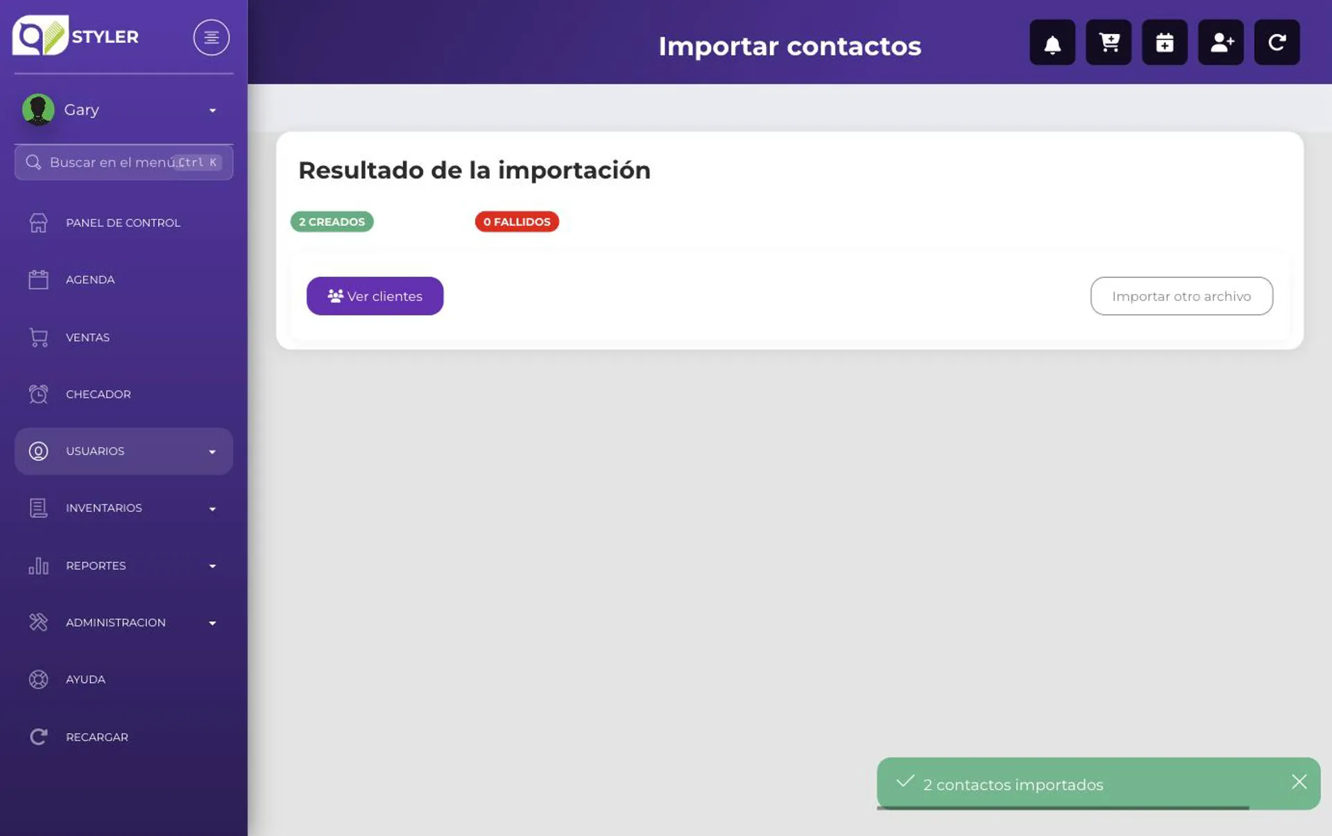 Pantalla de resultado mostrando contactos creados y fallidos