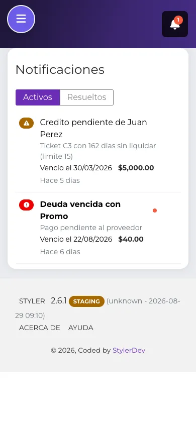 Página de notificaciones en vista móvil
