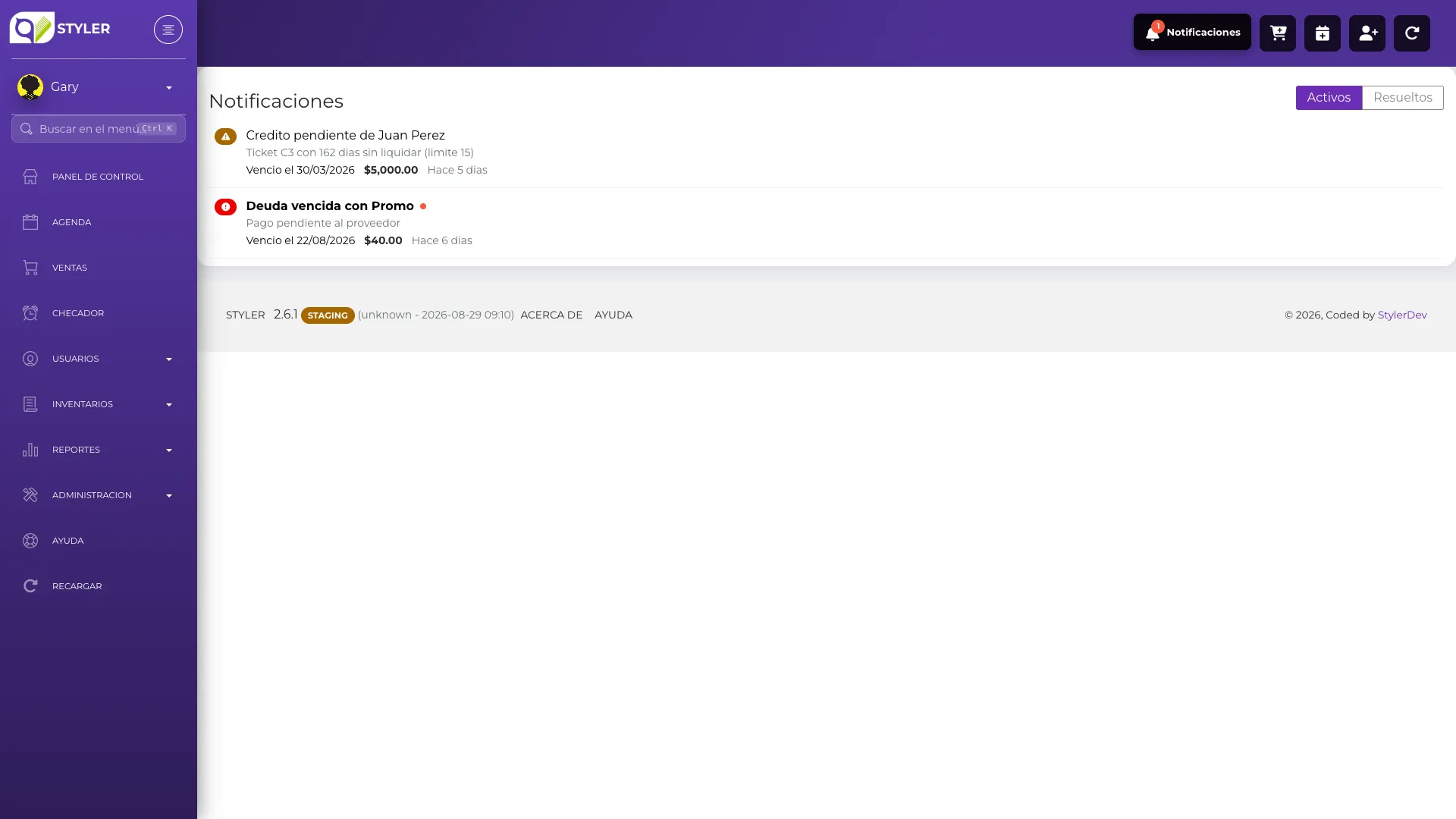 Página completa de notificaciones