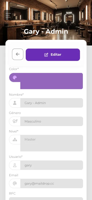 Vista móvil del menú de perfil de usuario