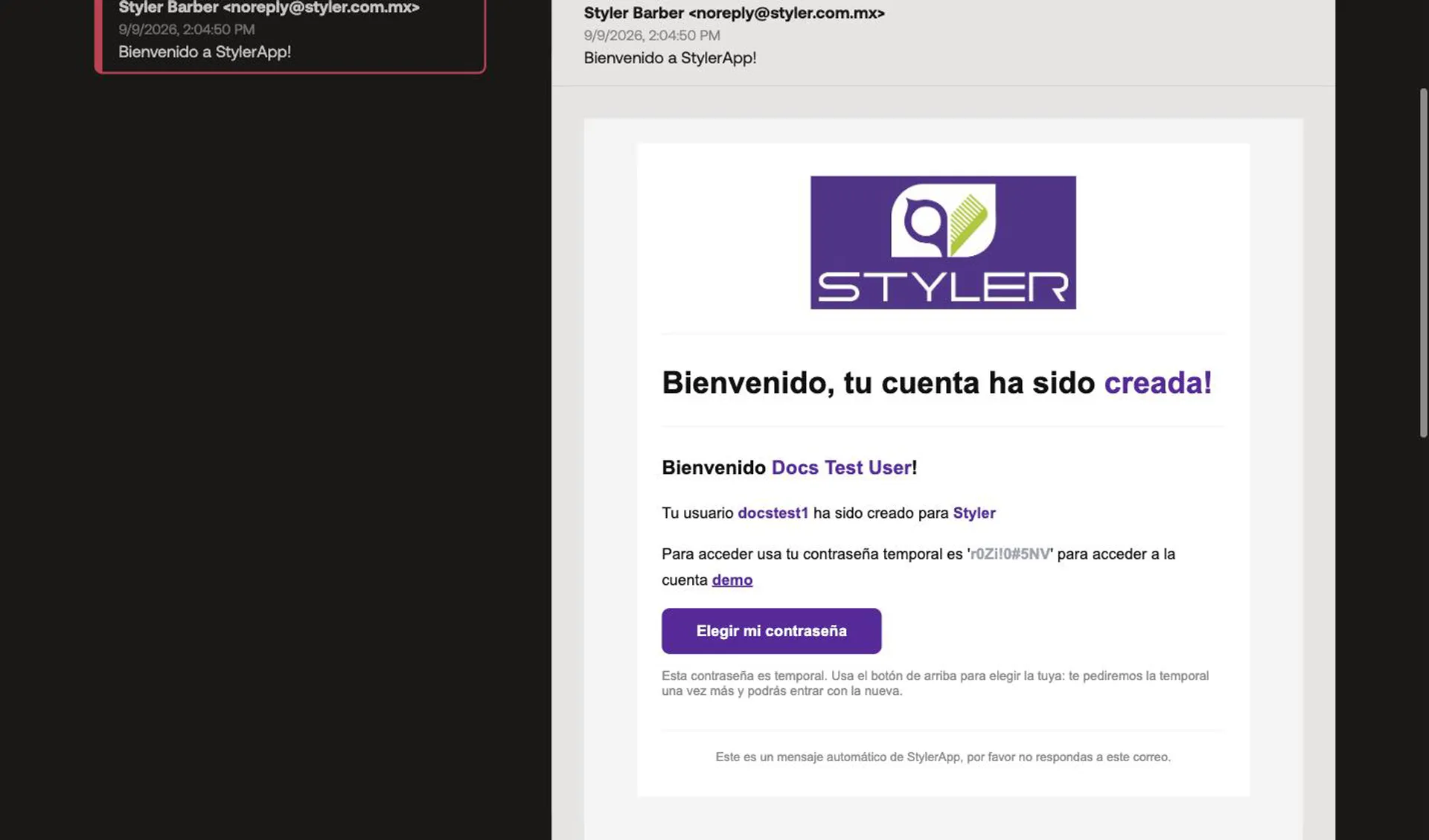 Correo de bienvenida con la contraseña temporal y el botón Elegir mi contraseña