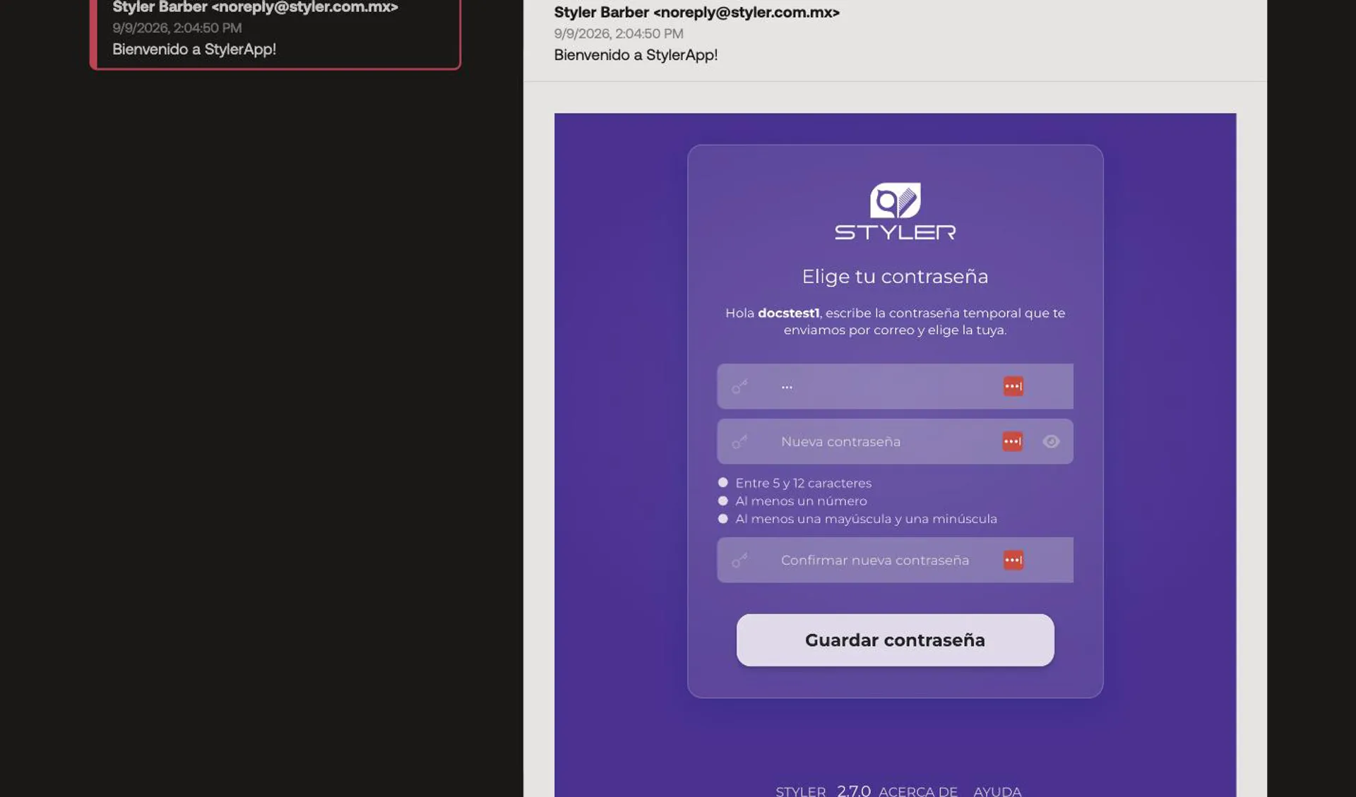 Pantalla Elige tu contraseña con los campos de contraseña temporal, nueva contraseña y sus requisitos
