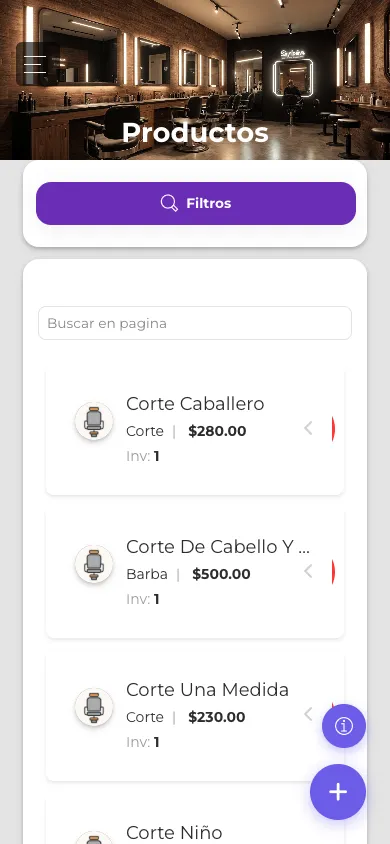 Lista de productos en inventario en vista móvil