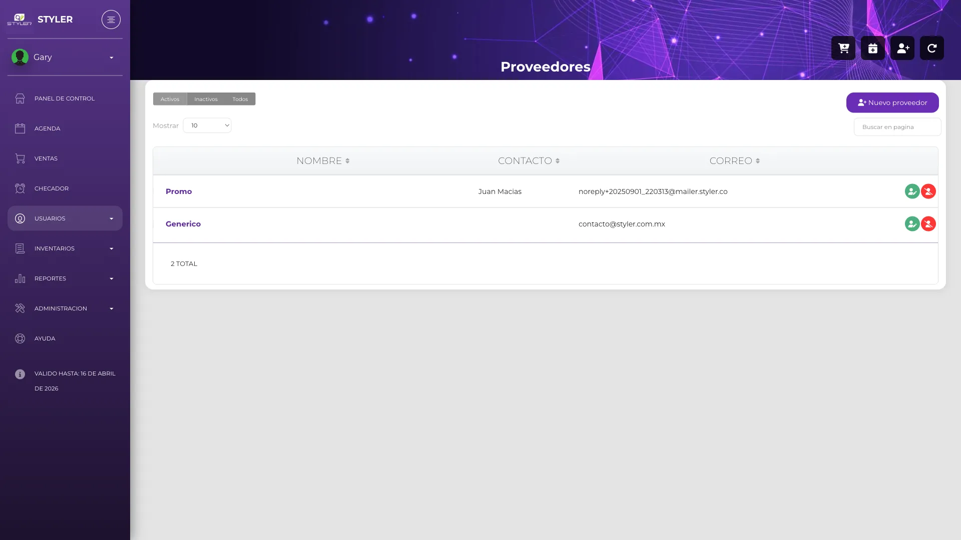 Lista de proveedores