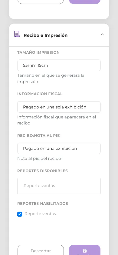 Pestaña Recibo e Impresión en vista móvil