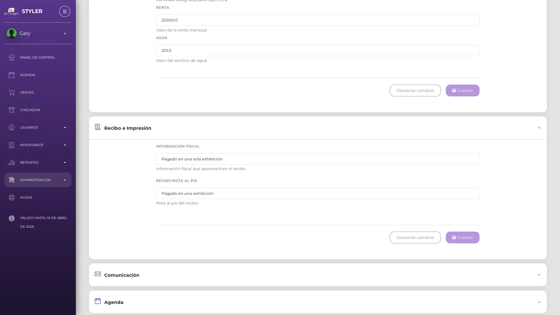 Configuración de recibo e impresión