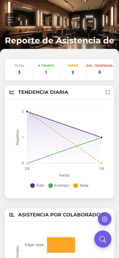 Reporte de asistencia en vista móvil