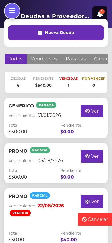 Reporte de Deudas a Proveedores en vista móvil