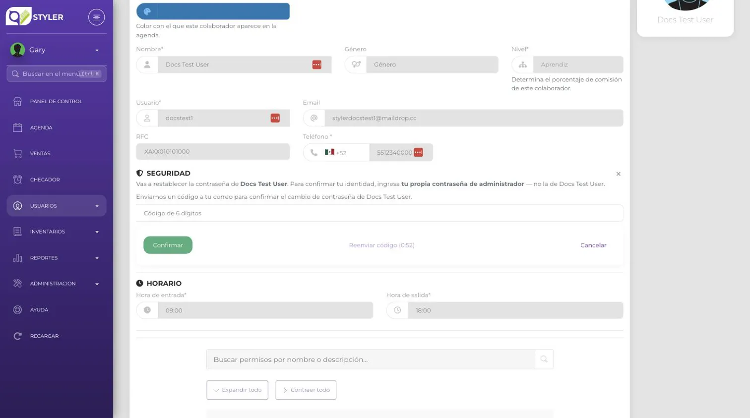 Pantalla pidiendo el código de confirmación enviado al correo del administrador