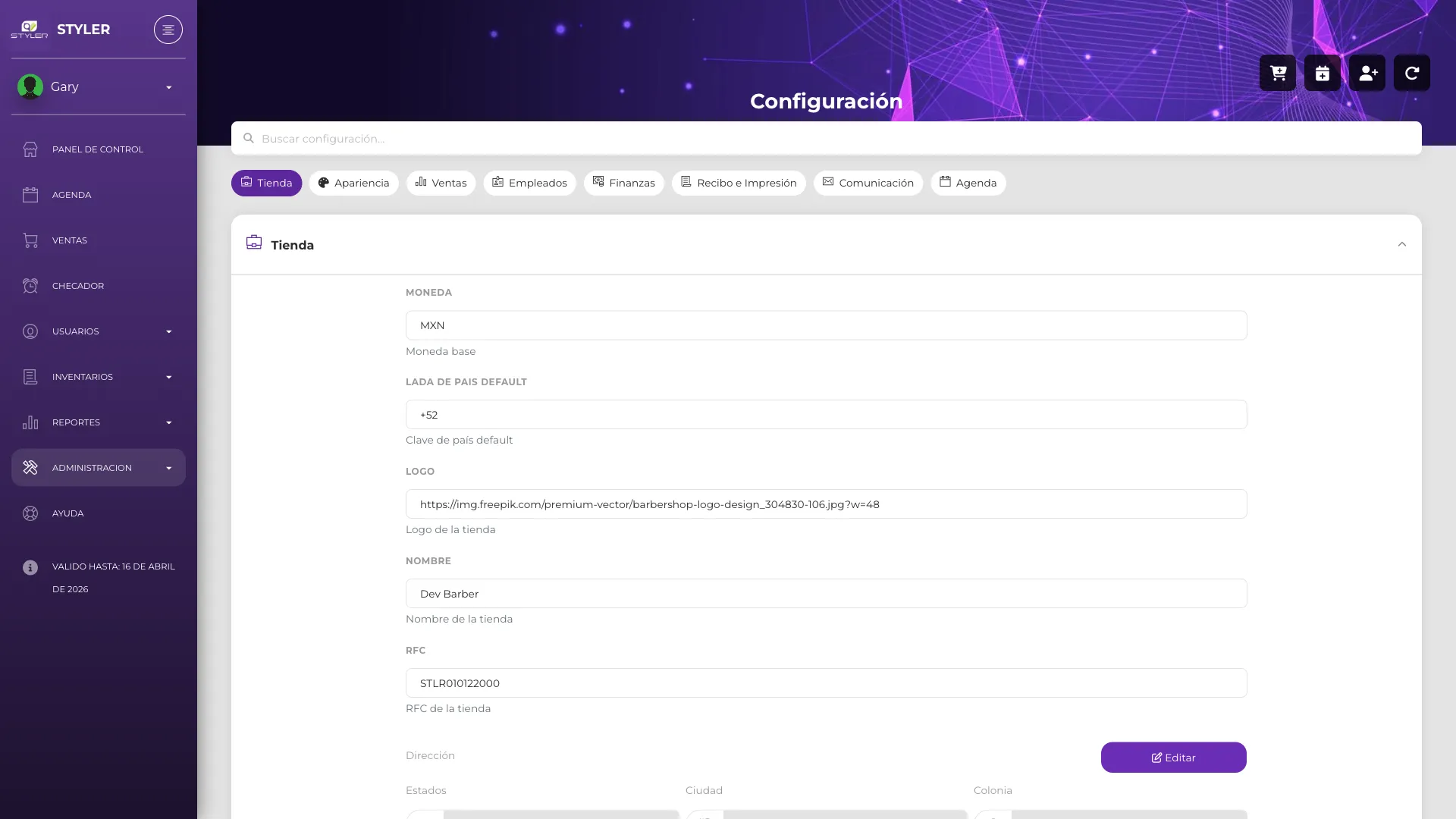 Página de configuración del sistema