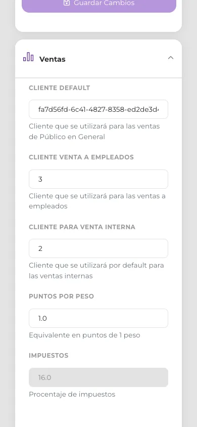 Pestaña Ventas en vista móvil