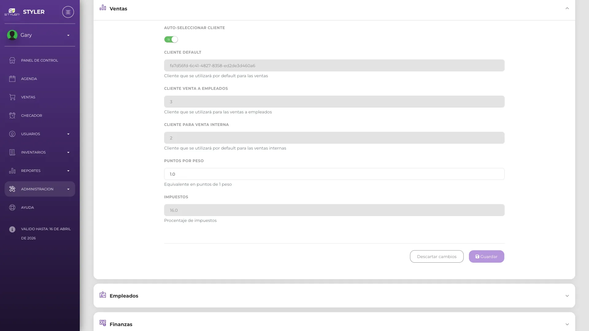Configuración de ventas
